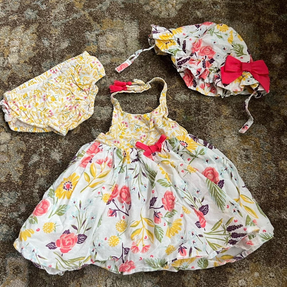 Floral Baby Dress Set with Hat and Bloomers